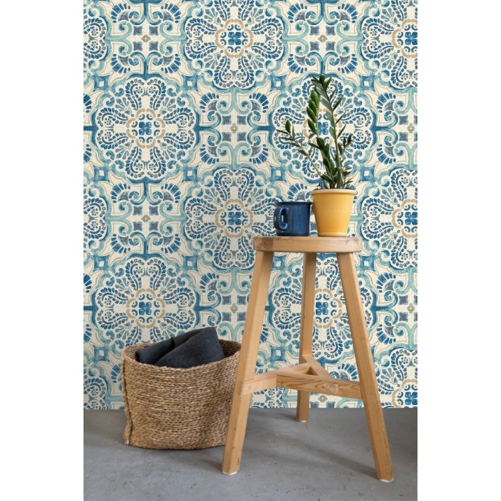 Papel pintado rosetones efecto azulejo tonos azules estilo árabe - Nazar 679626