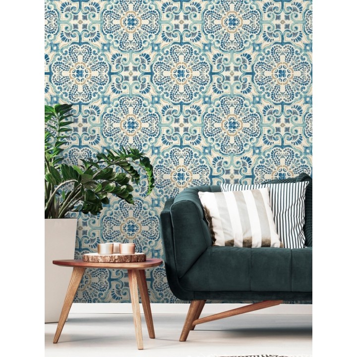 Papel pintado rosetones efecto azulejo tonos azules estilo árabe - Nazar 679626