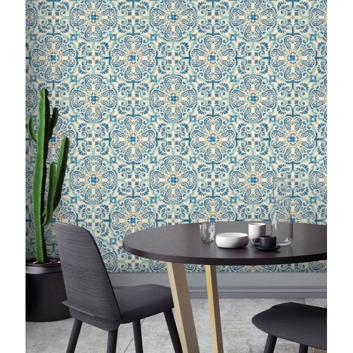Papel pintado rosetones efecto azulejo tonos azules estilo árabe - Nazar 679626