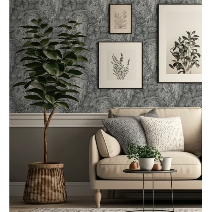 Papel pintado diseño de elefantes dios hindú Ganesha Shabby Chic color gris oscuro - Chaisia 8809