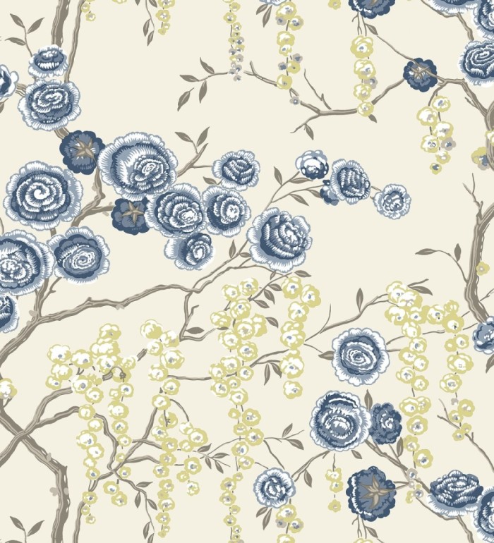 Papel pintado rosas azules y amarillas fondo claro - Olivia Bloom 679678