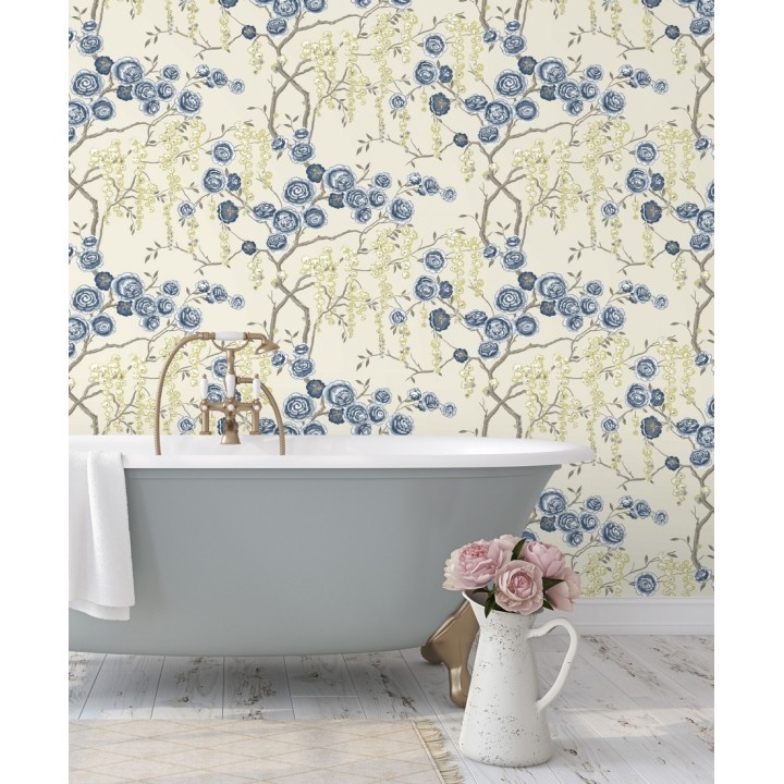 Papel pintado rosas azules y amarillas fondo claro - Olivia Bloom 679678