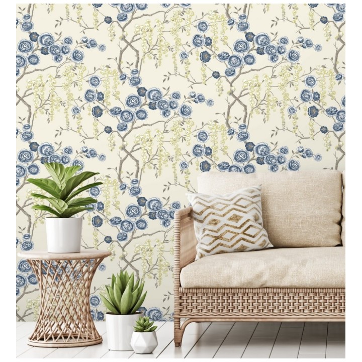 Papel pintado rosas azules y amarillas fondo claro - Olivia Bloom 679678