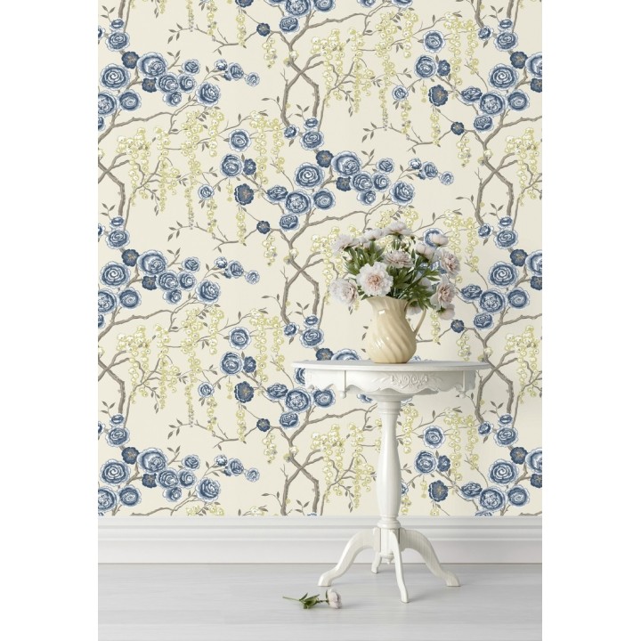 Papel pintado rosas azules y amarillas fondo claro - Olivia Bloom 679678