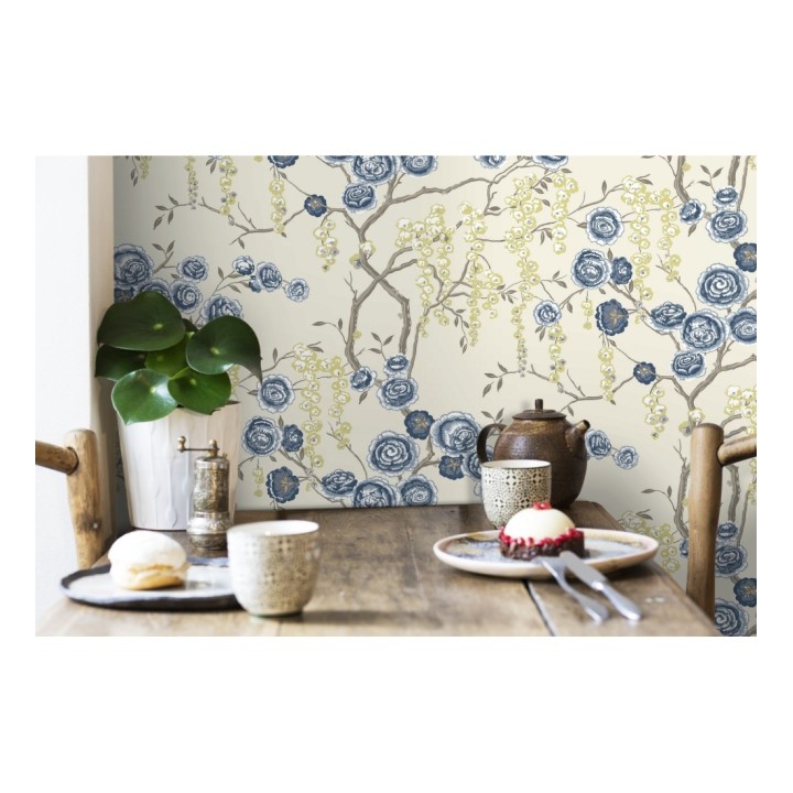 Papel pintado rosas azules y amarillas fondo claro - Olivia Bloom 679678