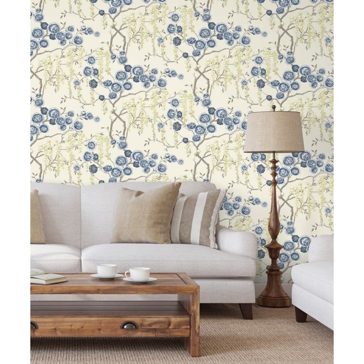 Papel pintado rosas azules y amarillas fondo claro - Olivia Bloom 679678