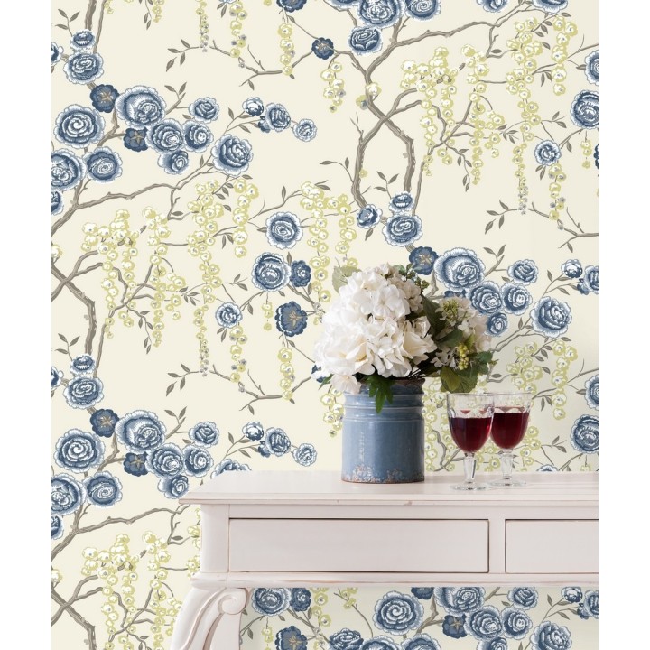 Papel pintado rosas azules y amarillas fondo claro - Olivia Bloom 679678