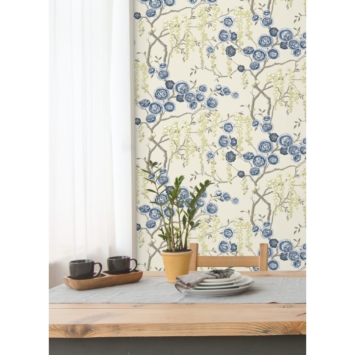 Papel pintado rosas azules y amarillas fondo claro - Olivia Bloom 679678