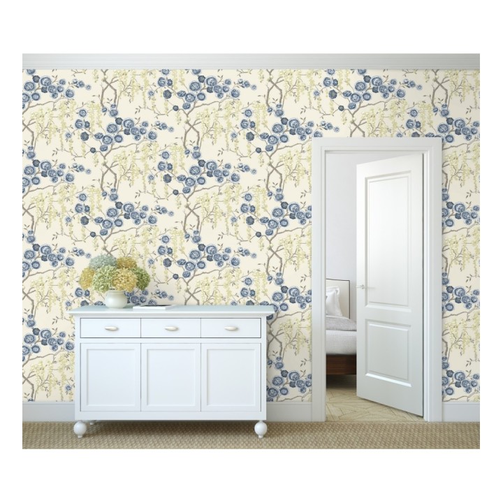 Papel pintado rosas azules y amarillas fondo claro - Olivia Bloom 679678