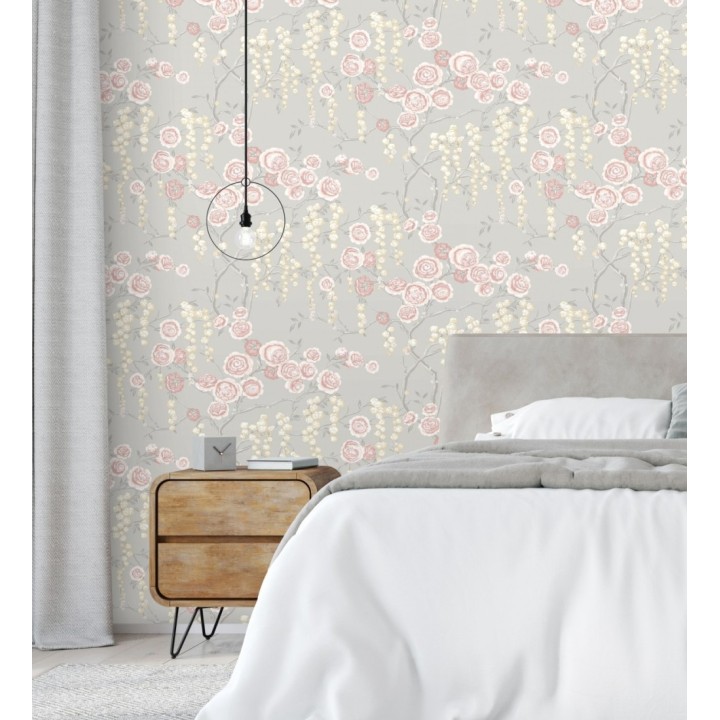 Papel pintado rosas coral y amarillas fondo gris claro - Olivia Bloom 679679