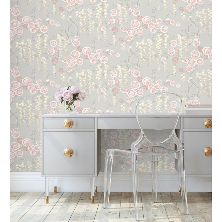 Papel pintado rosas coral y amarillas fondo gris claro - Olivia Bloom 679679