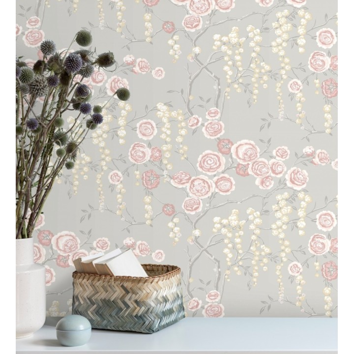 Papel pintado rosas coral y amarillas fondo gris claro - Olivia Bloom 679679