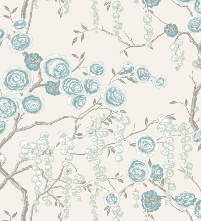 Papel pintado rosas celeste y verde agua fondo claro - Olivia Bloom 679680