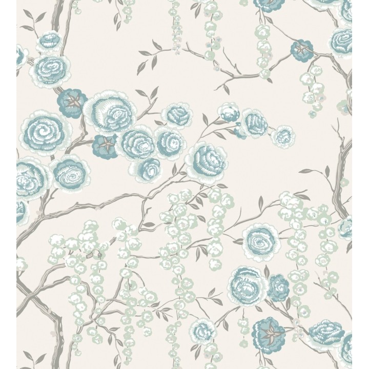 Papel pintado rosas celeste y verde agua fondo claro - Olivia Bloom 679680