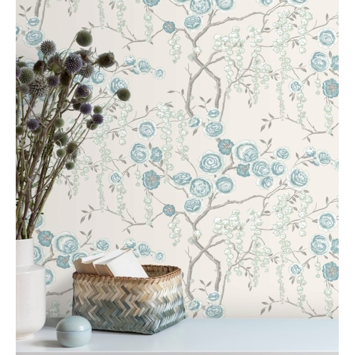 Papel pintado rosas celeste y verde agua fondo claro - Olivia Bloom 679680