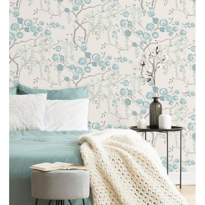 Papel pintado rosas celeste y verde agua fondo claro - Olivia Bloom 679680