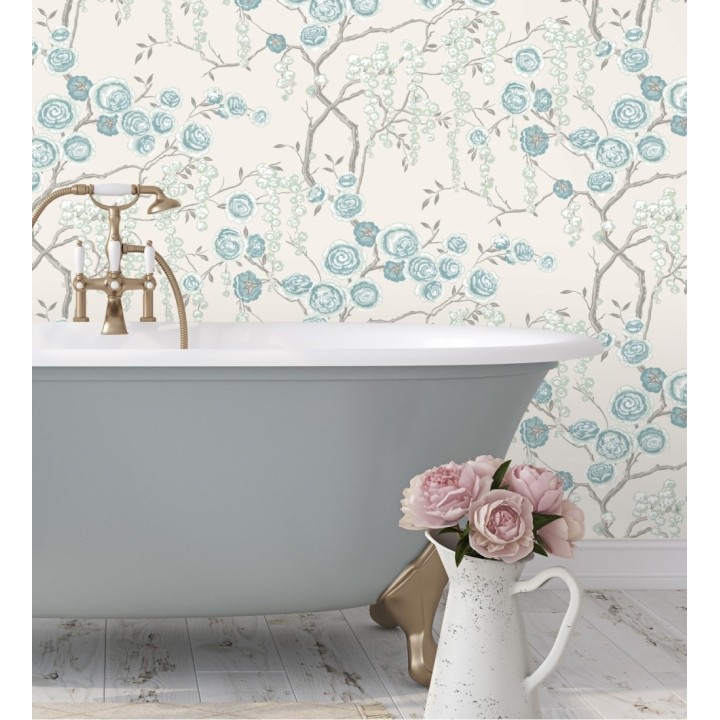 Papel pintado rosas celeste y verde agua fondo claro - Olivia Bloom 679680