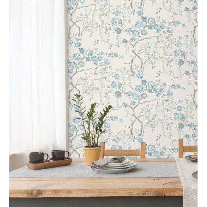 Papel pintado rosas celeste y verde agua fondo claro - Olivia Bloom 679680