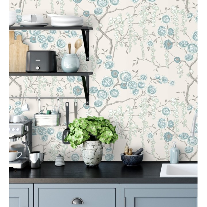 Papel pintado rosas celeste y verde agua fondo claro - Olivia Bloom 679680