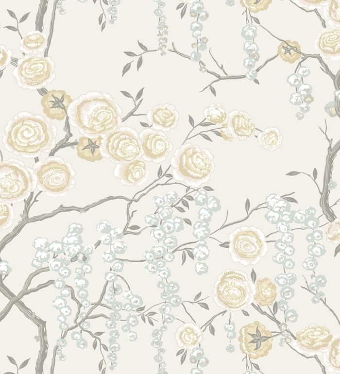 Papel pintado rosas amarillas y gris azulado fondo claro - Olivia Bloom 679681