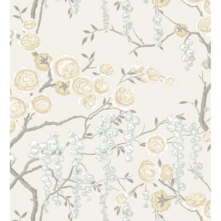 Papel pintado rosas amarillas y gris azulado fondo claro - Olivia Bloom 679681