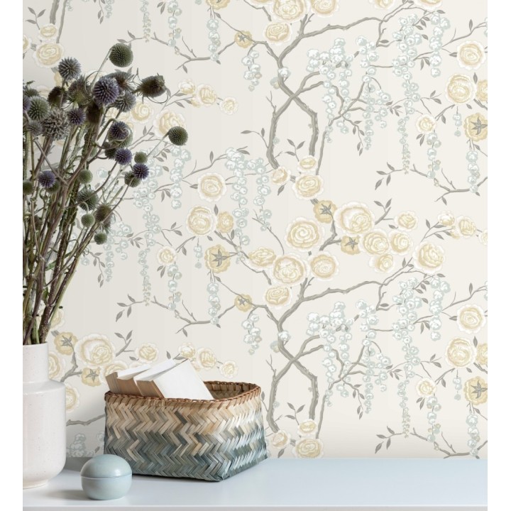 Papel pintado rosas amarillas y gris azulado fondo claro - Olivia Bloom 679681