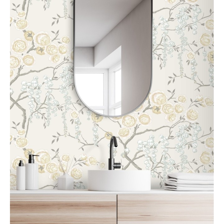 Papel pintado rosas amarillas y gris azulado fondo claro - Olivia Bloom 679681