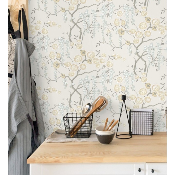 Papel pintado rosas amarillas y gris azulado fondo claro - Olivia Bloom 679681