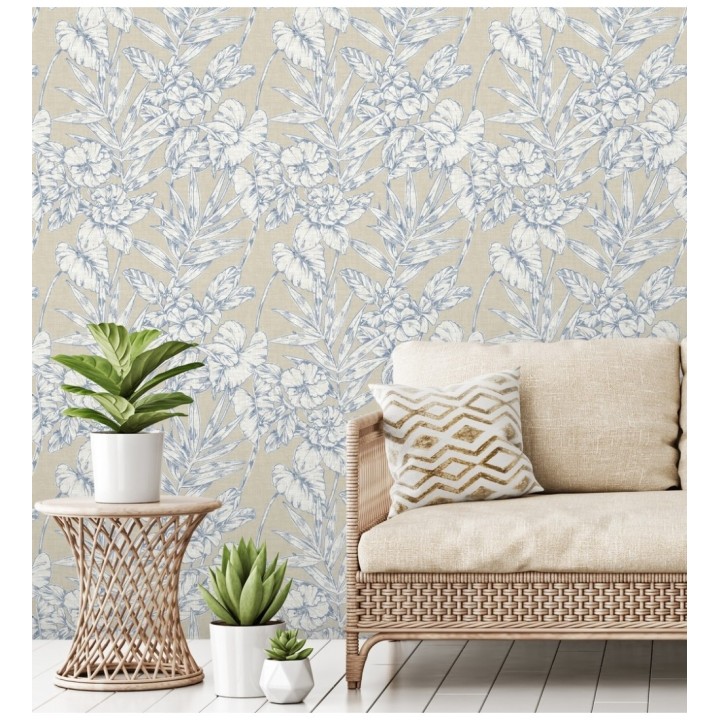 Papel pintado hojas perfiladas en azul - Dutch Garden 679721