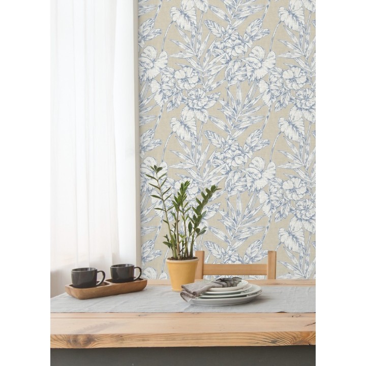 Papel pintado hojas perfiladas en azul - Dutch Garden 679721