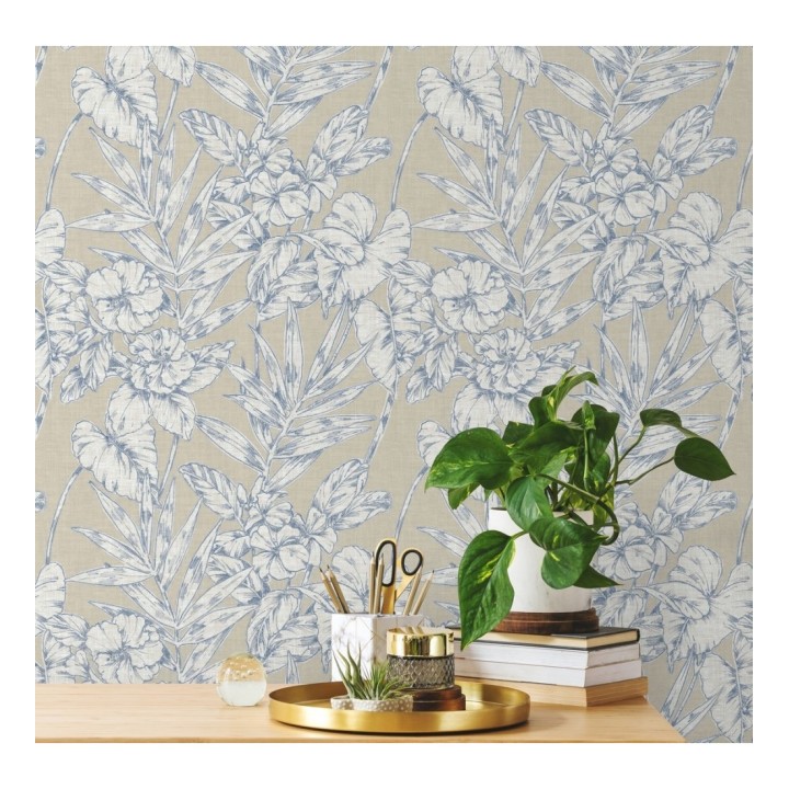 Papel pintado hojas perfiladas en azul - Dutch Garden 679721