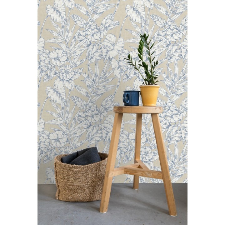 Papel pintado hojas perfiladas en azul - Dutch Garden 679721