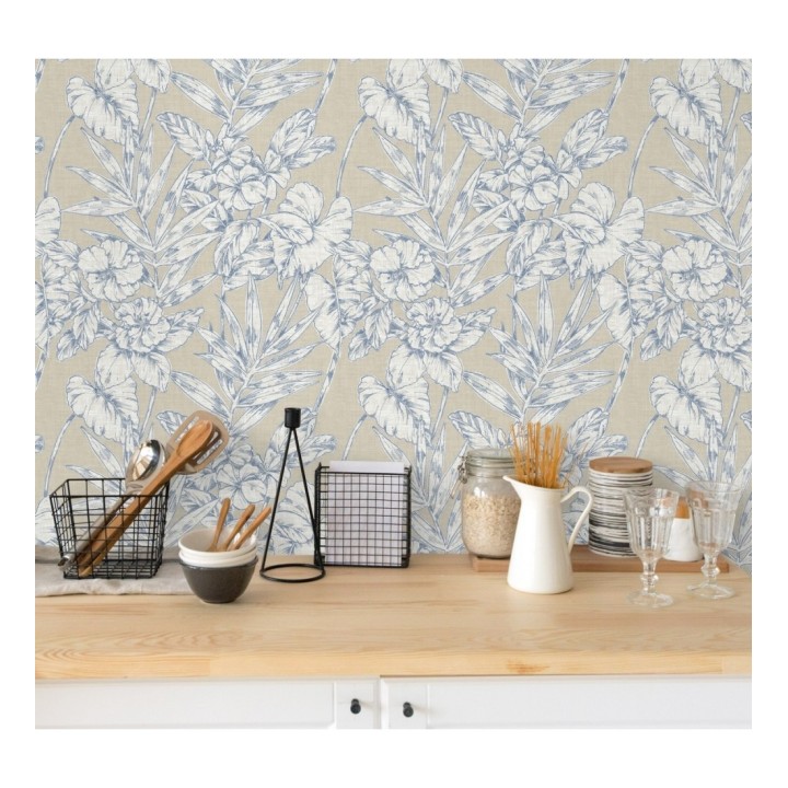 Papel pintado hojas perfiladas en azul - Dutch Garden 679721