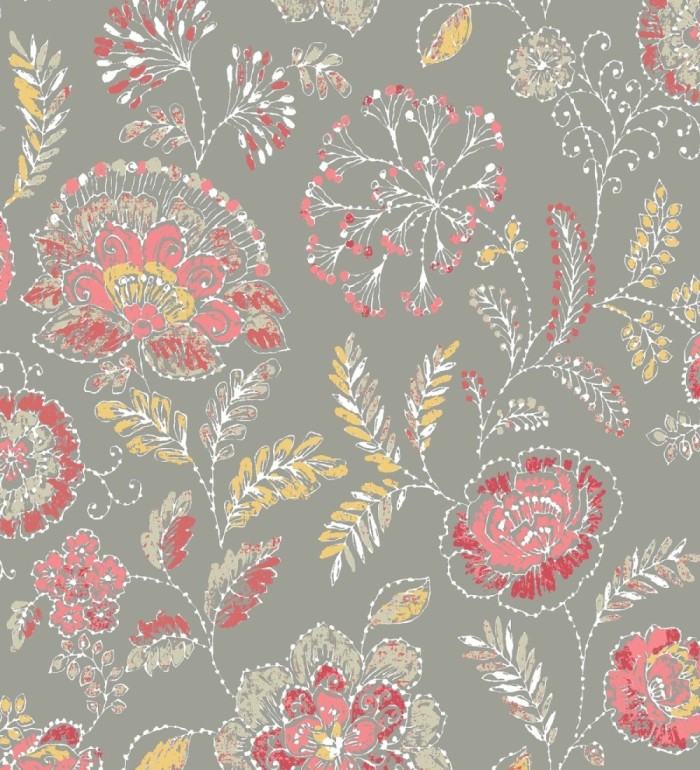Papel pintado flores rojo coral fondo gris estilo inglés - Danish Garden 679722