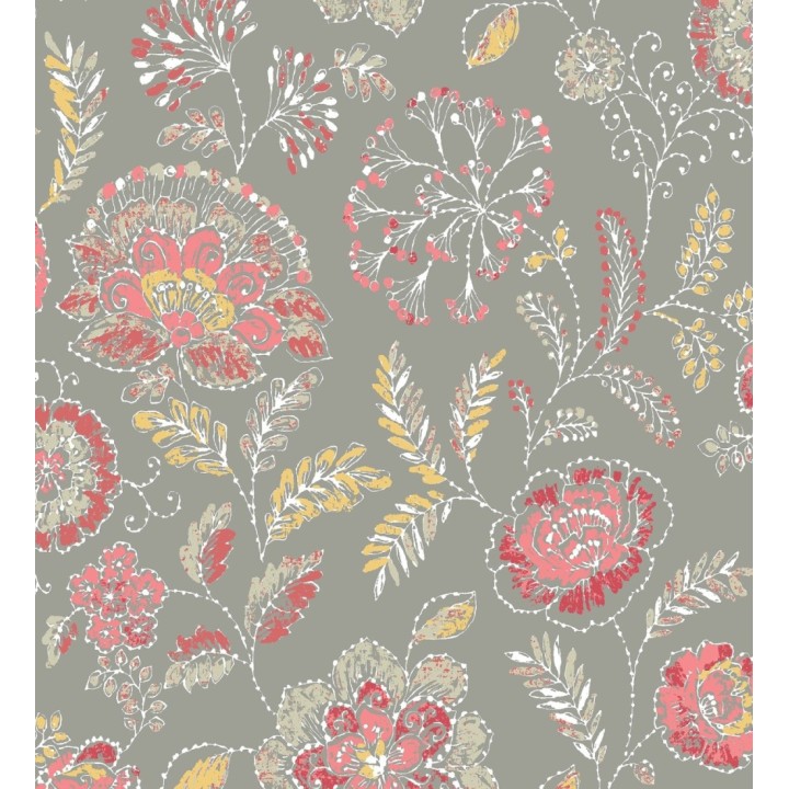 Papel pintado flores rojo coral fondo gris estilo inglés - Danish Garden 679722