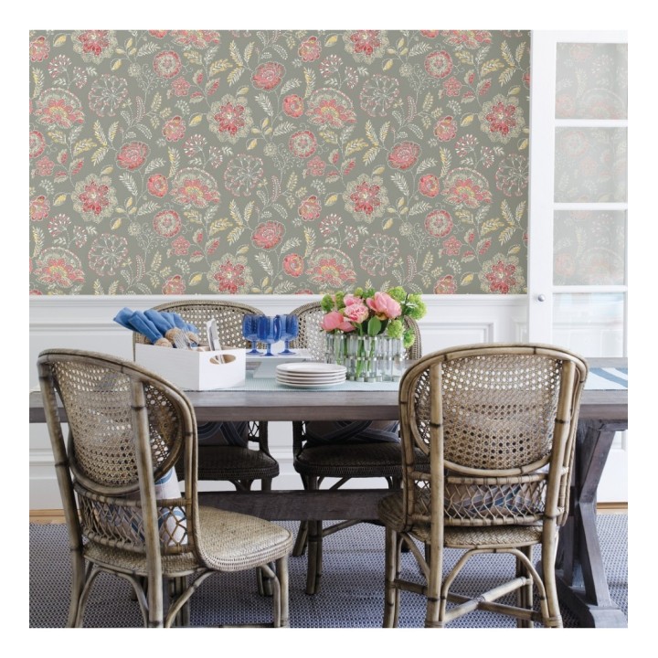 Papel pintado flores rojo coral fondo gris estilo inglés - Danish Garden 679722