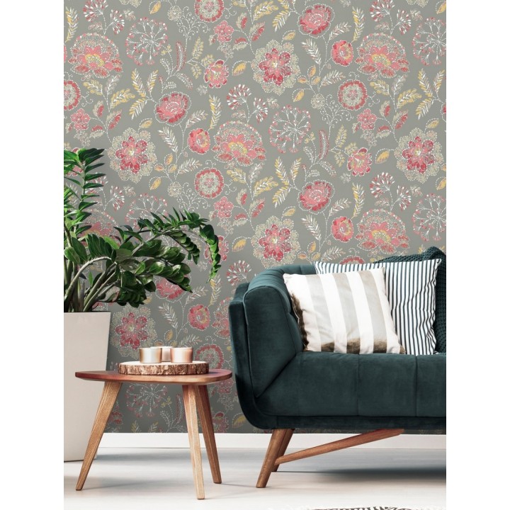 Papel pintado flores rojo coral fondo gris estilo inglés - Danish Garden 679722