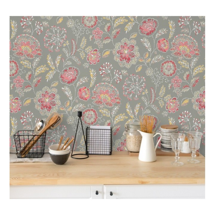 Papel pintado flores rojo coral fondo gris estilo inglés - Danish Garden 679722
