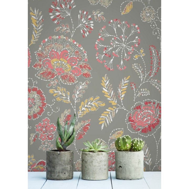 Papel pintado flores rojo coral fondo gris estilo inglés - Danish Garden 679722