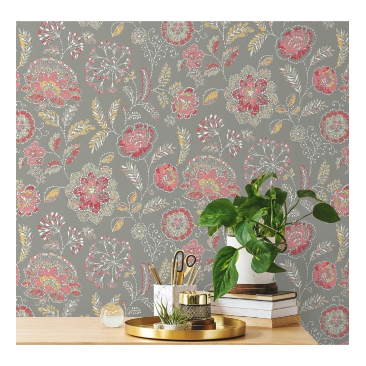Papel pintado flores rojo coral fondo gris estilo inglés - Danish Garden 679722