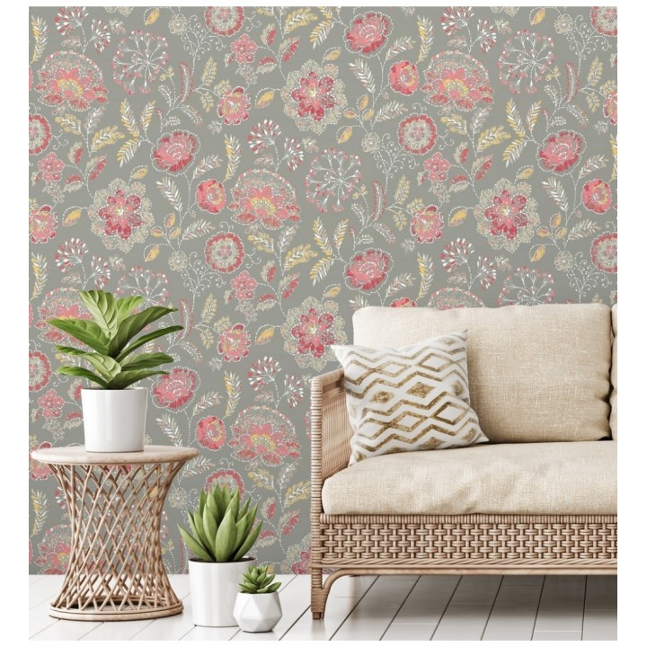 Papel pintado flores rojo coral fondo gris estilo inglés - Danish Garden 679722