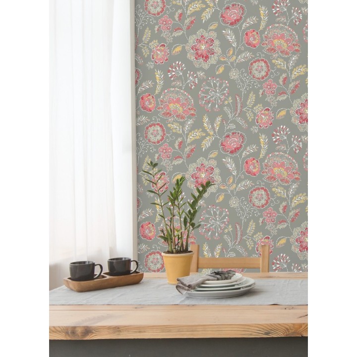 Papel pintado flores rojo coral fondo gris estilo inglés - Danish Garden 679722