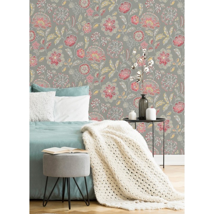Papel pintado flores rojo coral fondo gris estilo inglés - Danish Garden 679722