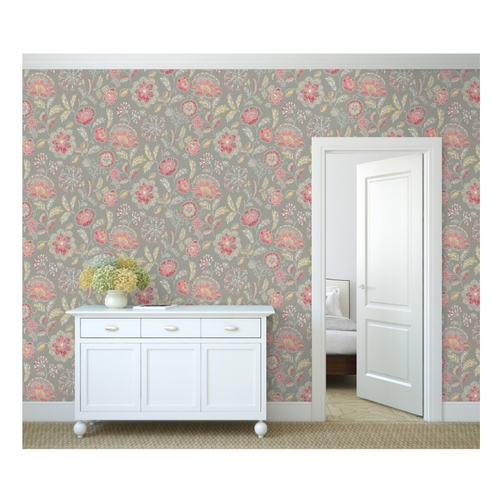 Papel pintado flores rojo coral fondo gris estilo inglés - Danish Garden 679722