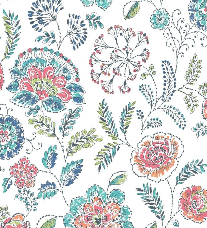Papel pintado flores turquesas fondo blanco estilo inglés - Danish Garden 679723