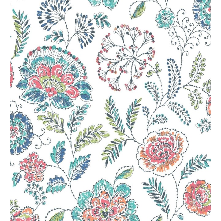 Papel pintado flores turquesas fondo blanco estilo inglés - Danish Garden 679723