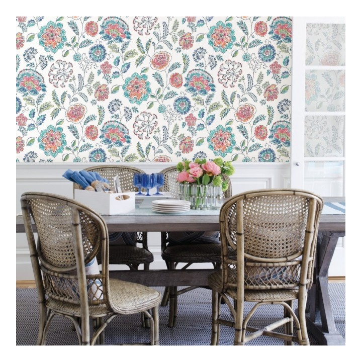 Papel pintado flores turquesas fondo blanco estilo inglés - Danish Garden 679723