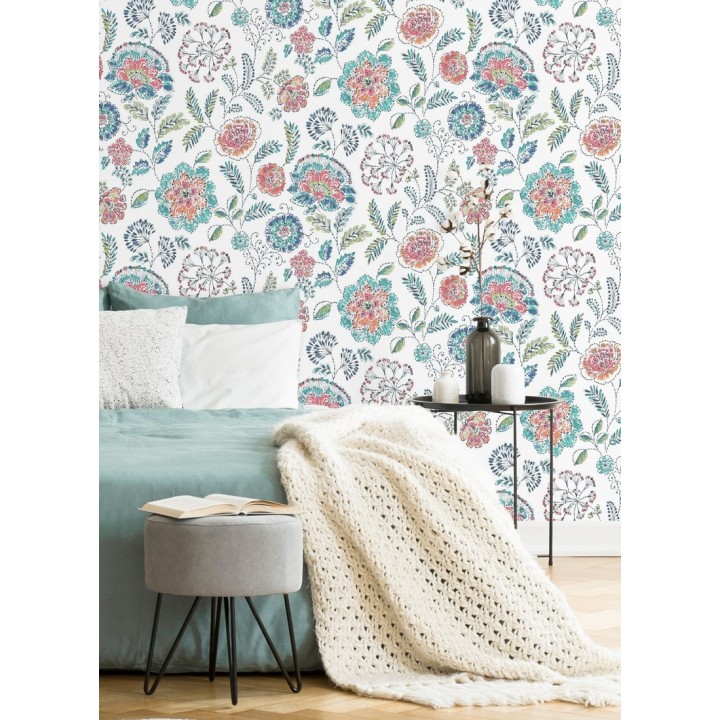 Papel pintado flores turquesas fondo blanco estilo inglés - Danish Garden 679723