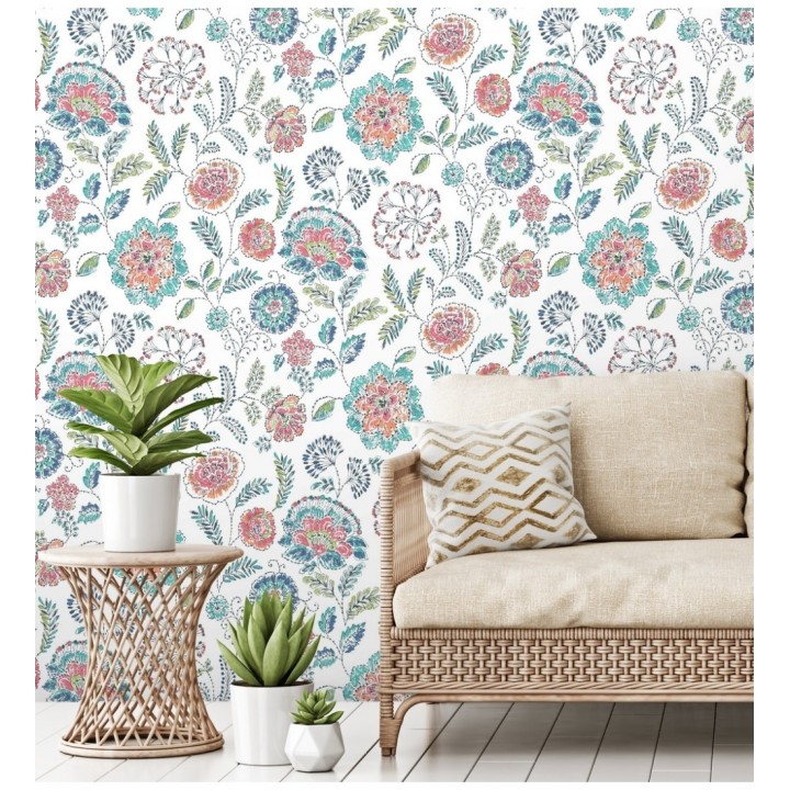 Papel pintado flores turquesas fondo blanco estilo inglés - Danish Garden 679723