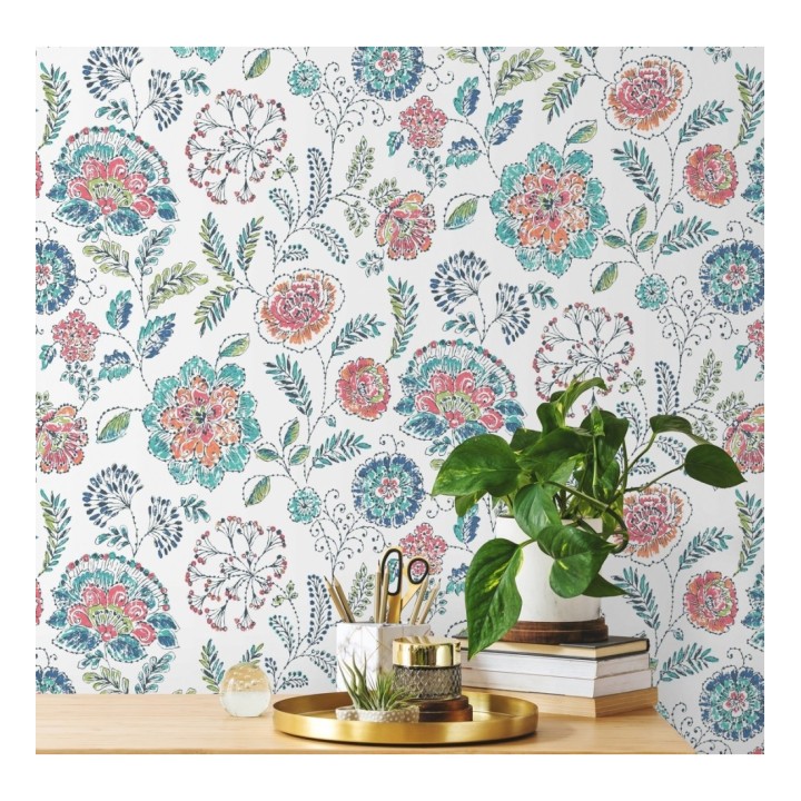 Papel pintado flores turquesas fondo blanco estilo inglés - Danish Garden 679723